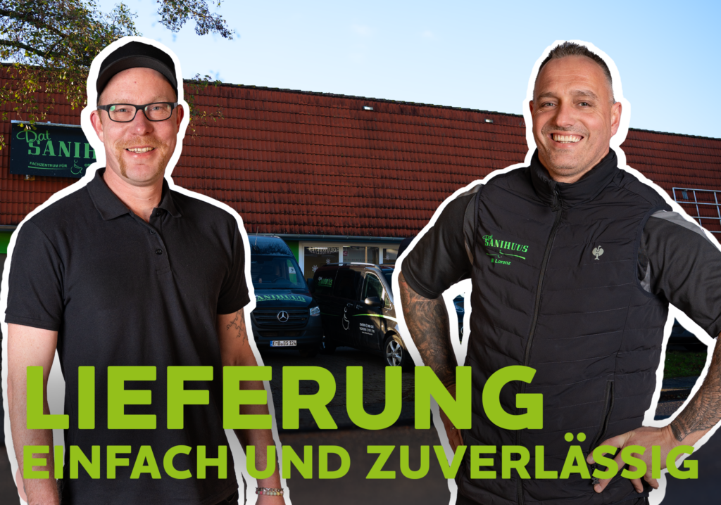 Zwei Mitarbeiter von Dat Sanihuus stehen vor dem Standort in Emden. Im Hintergrund sind Servicefahrzeuge zu sehen, die für die Lieferung von Hilfsmitteln eingesetzt werden. Das Bild steht für eine einfache und zuverlässige Versorgung mit medizinischen Hilfsmitteln direkt nach Hause.